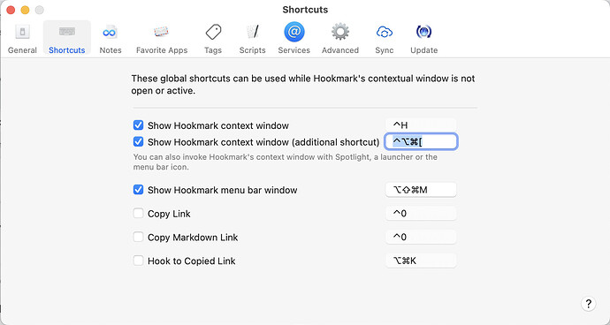 Hookmark > Preferences > Shortcuts > Show Hookmark context window